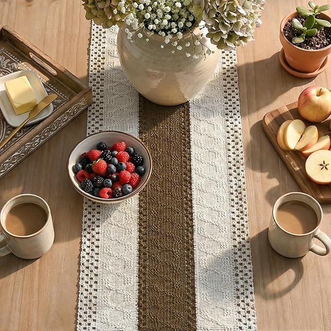 Artoid Mode Light Coffee Farmhouse Rustic Table Runner, Seasonal Holiday Hollow Kitchen Dining Table Decoration for Home Party Decor 12x72 Inch