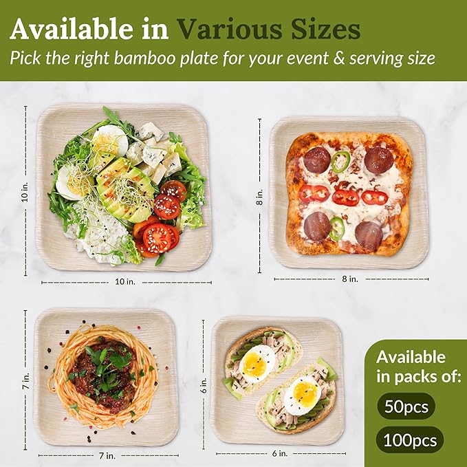 8 inch Square Palm Leaf Plates 50 pcs Compostable and Biodegradable Disposable Plates, Microwave Safe, Heavy-Duty Sustainable Appetizer and Dessert Plates for Parties, Picnics and Weddings