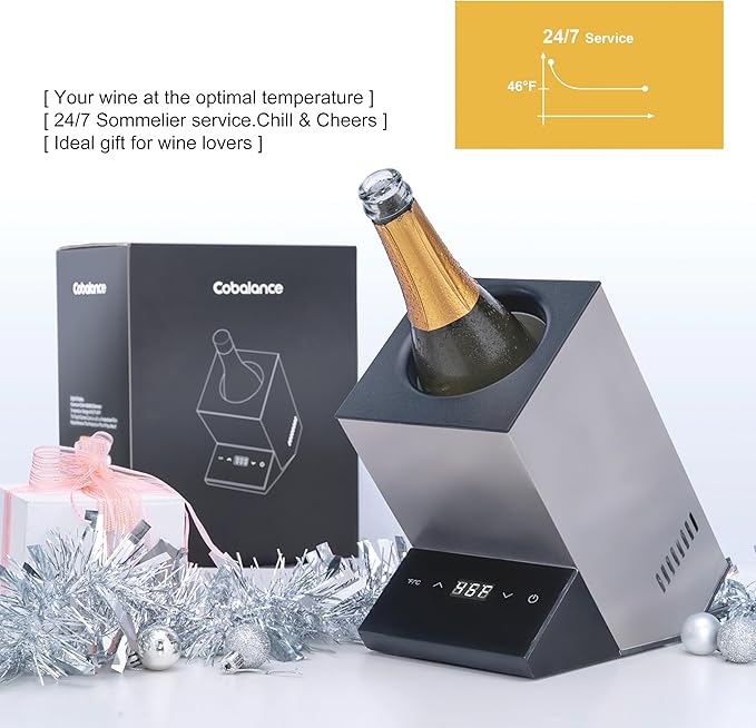 Electric Wine Chiller, Single Bottle Cooler for 750ml Wine or Some Champagne,Stainless Steel Iceless Cooler Keep Cold Up to 24h,Gift for Vino Lover