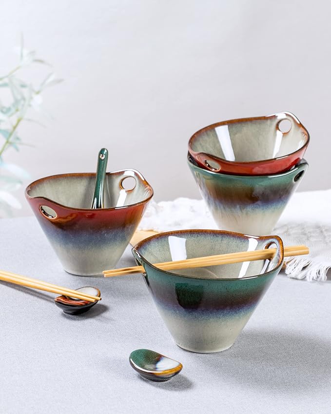 HENXFEN LEAD Japanese Ramen Bowls Set of 2 - Deep Ceramic Noodle Bowls with Spoons, Chopsticks and Holder, 20 Oz Serving Bowls for Pho, Udon, Soup - Reactive Red
