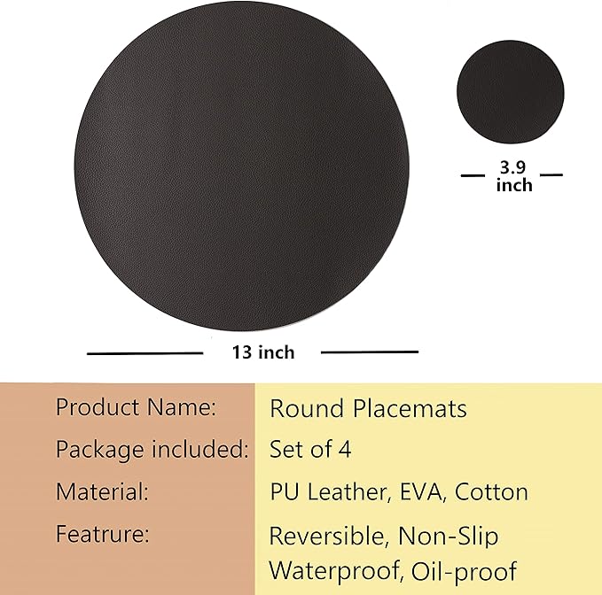 Wipeable Placemats and Coasters Leather Table Mats Waterproof Heat-Resistant Easy to Clean for Dining Table Set Kitchen Table Set of 4, Gary