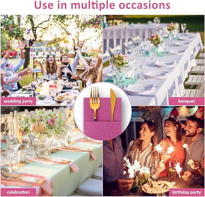 Cindeer 75 Pcs Hot Pink Linen Dinner Feel Napkins with Built in Flatware Pocket Prefolded Paper Disposable Airlaid Guest Hand Towel for Silverware Wedding Reception Christmas Baby Shower