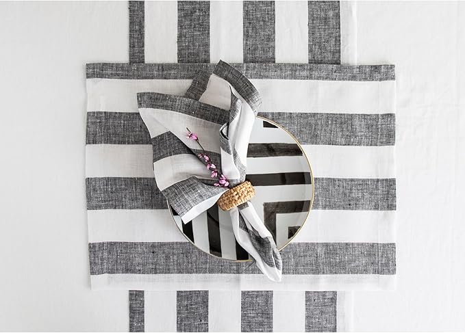 Solino Home Linen Placemats Set of 4 - Cabana Stripe Black and White Placemats 14 x 19 Inch - 100% Pure Linen Place Mats for Winter, Holiday