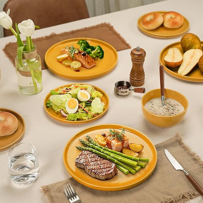 12 Pieces Farmhouse Stoneware Dinnerware Sets, Speckled Ceramic Plates and Bowls Set, Matte Terracotta Underside Ceramic Dishes Set for 4, Scratch Resistant Microwave & Dishwasher Safe (Ginger Gold)