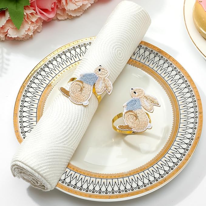 Lewondr Easter Bunny Napkin Rings, Napkin Rings Set of 6, Easter Table Decoration, Designed with Rabbit Elements for Festival, Birthday, Wedding Party, Banquet, Serviette for Spring, Thanksgiving Day