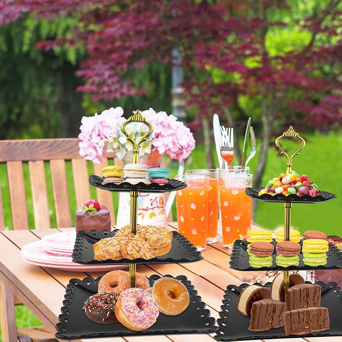 5 Pcs Cupcake Stand Set, Dessert Table Display Set with 2xSquare 3-Tier Cake Stands Holder + 3X Appetizer Trays Suitable for Birthday Wedding Tea Party Baby Shower (Black, Lace Hole Square)