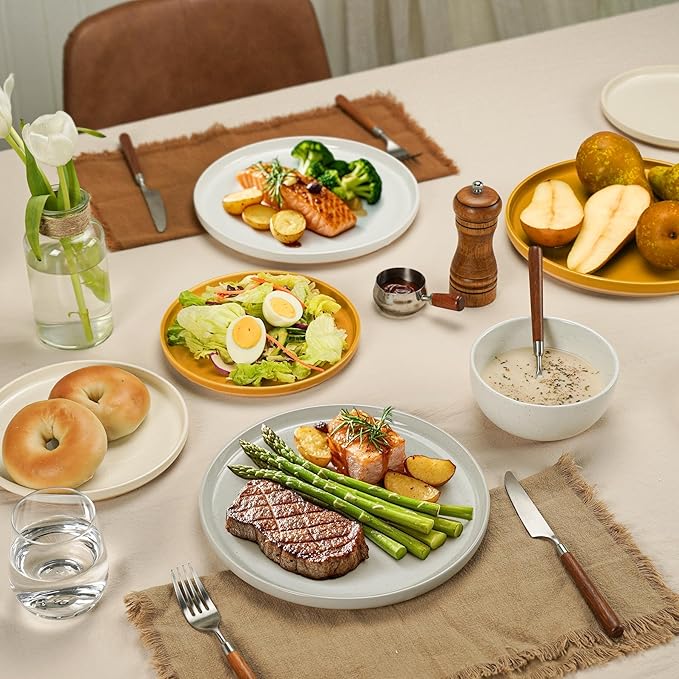 12 Pieces Farmhouse Stoneware Dinnerware Sets, Speckled Ceramic Plates and Bowls Set, Matte Terracotta Underside Ceramic Dishes Set for 4, Scratch Resistant Microwave & Dishwasher Safe (Autumn Melody)