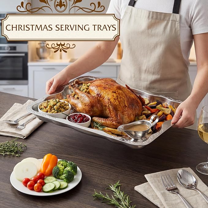 4 Pack Silver Serving Trays Set for Party, Butterfly Floral Silver Platter Engraved Mirror Tray, 15.8 x 11.6 Inches Elegant Metal Plate for Christmas Food Appetizer Cookies Desserts