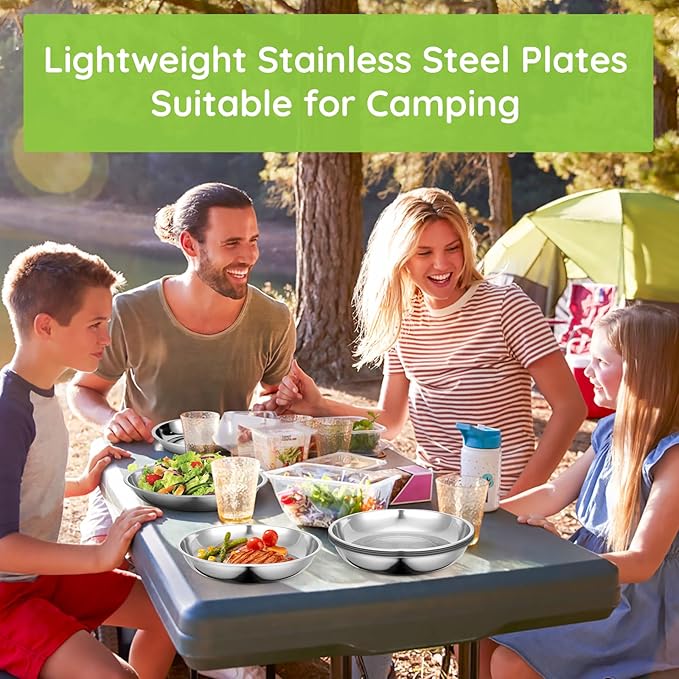 Patterned Deep Metal Camping Plates, 4 Pack 9.4 inch 201 Stainless Steel Plates, Reusable Pizza Food Serving Snack Eating Salad Dishes Round Shatterproof Silver Dinnerware Dinner Oven Safe