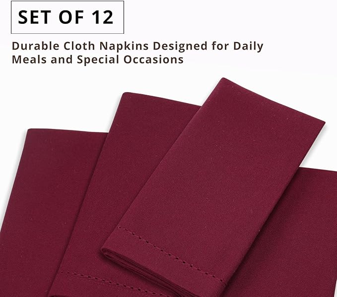 PurpleEssences Set of 12 Hemstitch Cloth Dinner Napkins 100% Cotton - Soft Durable Washable - Ideal for Wedding Spring Easter Summer - Perfect Everyday Use Table Linen 18x18 - Burgundy