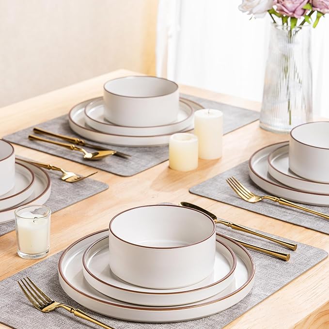 LERATIO Dinner Plates,10.25 Inch Ceramic Flat Plates Set of 6,High Edge Modern plates for Kitchen,Microwave & Dishwasher & Oven Safe, Scratch Resistant Dishes Set-White with Rim