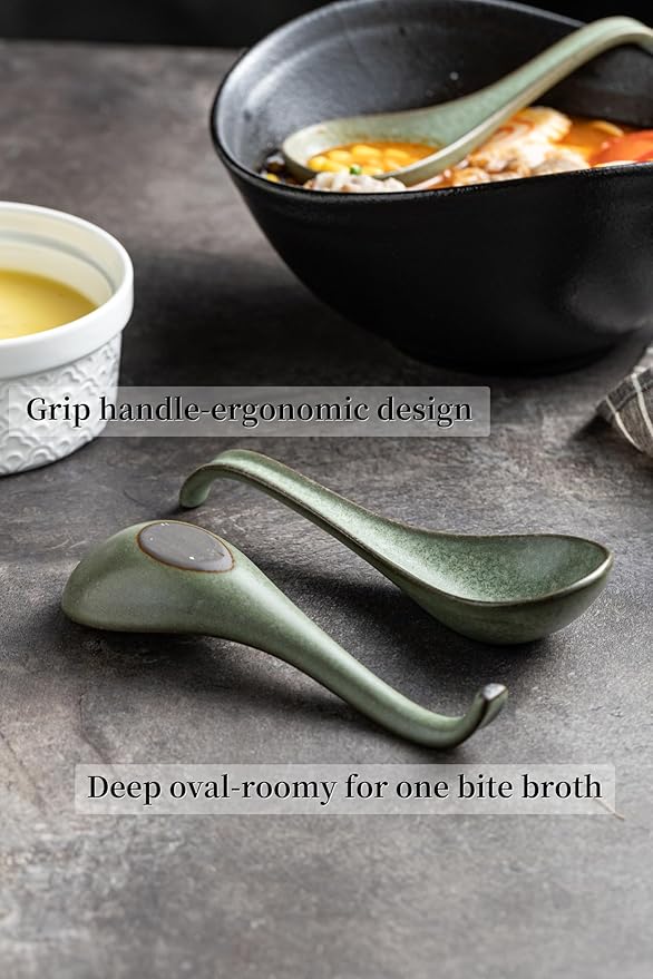 Asian Soup Spoon, Chinese Soup Spoons, Ramen Spoons, Japanese Ceramic Soup Spoon Set of 6,Thanksgiving Christmas Kitchen With Long Handle for Serving, Ramen, Pho, Noodles, Green