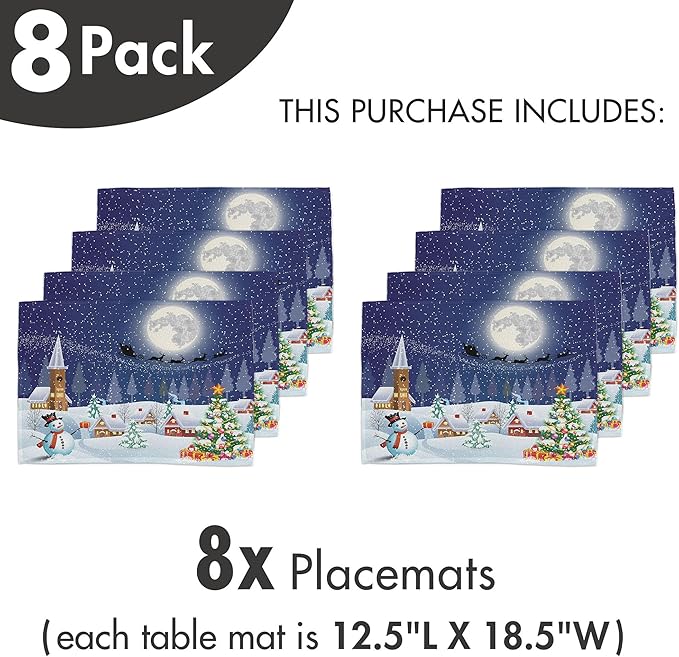 Ambesonne Christmas Place Mats Set of 8, Winter Season Snowman Xmas Tree Santa Sleigh Moon Present Boxes Snow and Stars, Washable Fabric Placemats for Dining Table, Placemat 8 pcs, White Blue