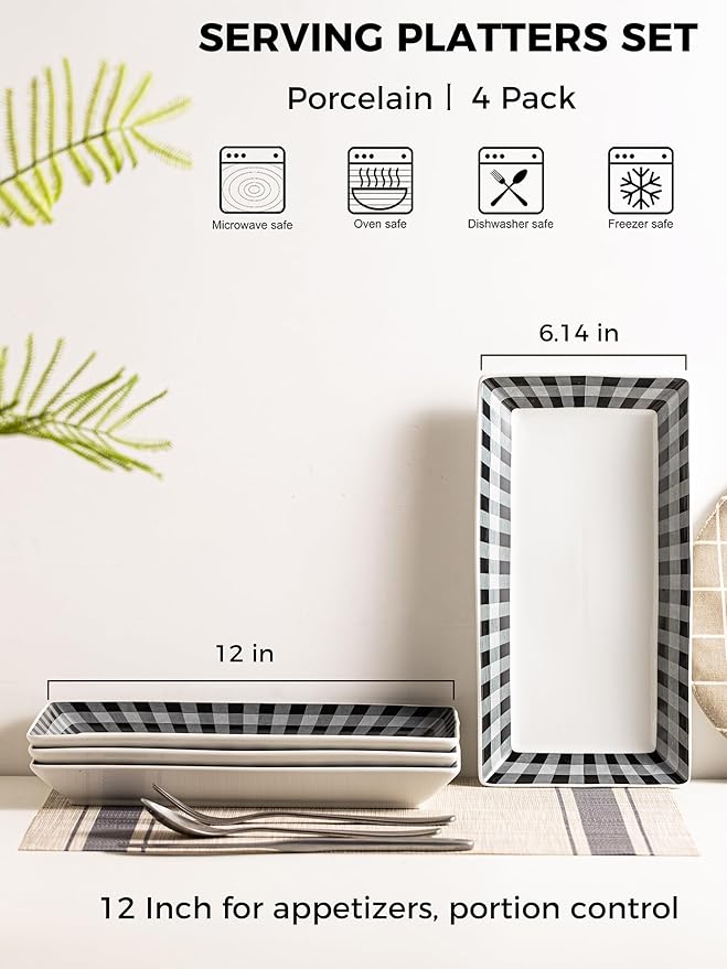 YHOSSEUN Ceramic Serving Platters Set of 4, Black and White Serving Platters and Trays for Food, Rectangular Halloween Plates Serving Dishes for Parties, Checkered, 12 Inch
