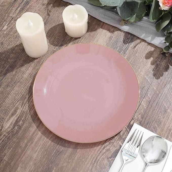 Efavormart 10 Pack | 8" Glossy Dusty Rose Round Plastic Dinner Plates With Gold Rim, Disposable Party Plates