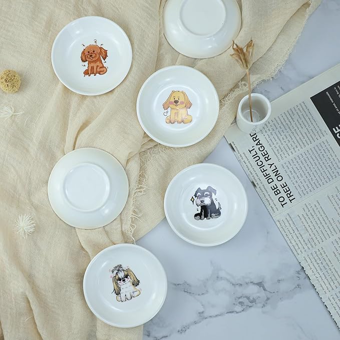 Funny Cartoon Cute Dogs Pattern Ceramic Sauce Dishes, Seasoning Dishes, Sushi Soy Dipping Bowls, Appetizer Plates, Dessert Plates, Little Cat Bird Feeding Bowls, Set of 6-Cute Dogs-3.5 Inch