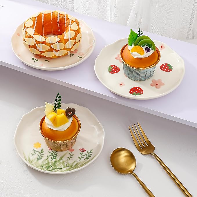 Koythin Ceramic Dessert Plates, Cute Fruits Dinner Plate, Printed Flowers Dinnerware for Office and Home, Kitchen Plates for Desserts (Double Flowers Blossoming)