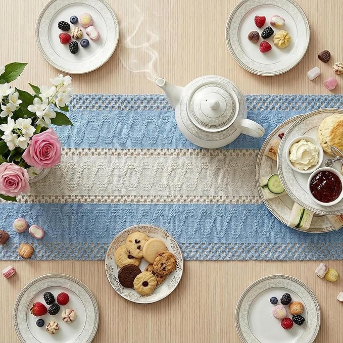 Artoid Mode Sky Blue Farmhouse Rustic Table Runner, Seasonal Hollow Kitchen Dining Table Decoration for Home Party Decor 12x108 Inch