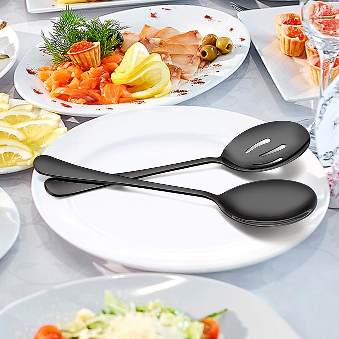 LIANYU 6-Piece Black Serving Spoons and Forks, 8 3/4 Inch Stainless Steel Buffet Catering Party Banquet Serving Spoon Fork Set, Dishwasher Safe