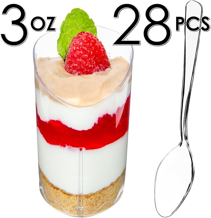 DLux 28 x 3 oz Mini Dessert Cups with Spoons, Slanted Triangle - Clear Plastic Parfait Appetizer Cup - Small Reusable Serving Bowl for Tasting Party Desserts Appetizers - With Recipe Ebook