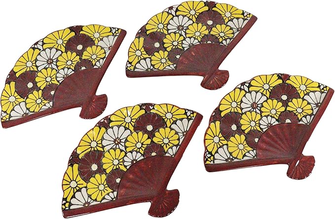 Ebros Pack Of 4 Colorful Oriental Folding Fan Shaped Appetizer Sushi Dessert Serving Dish Plates Decorative Asian Themed Artistic Dinner Lunch Serveware Plate Set (Red Yellow White Sunflowers Garden)