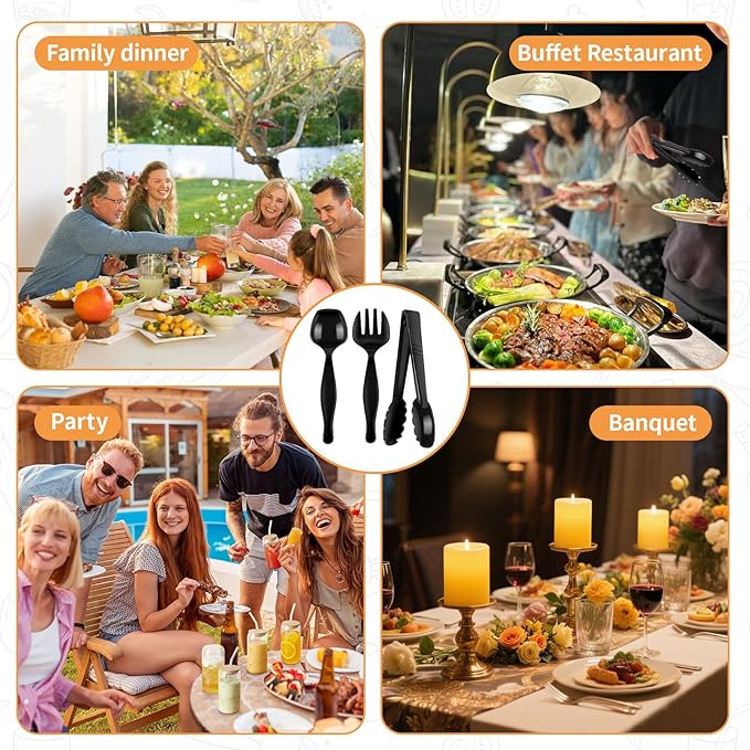 30 Pcs Black Plastic Serving Utensils Set - Includes 10 Spoons, 10 Tongs, 10 Forks - Heavy Large Disposable Serving Utensils for Parties, Holidays & Events,Gatherings