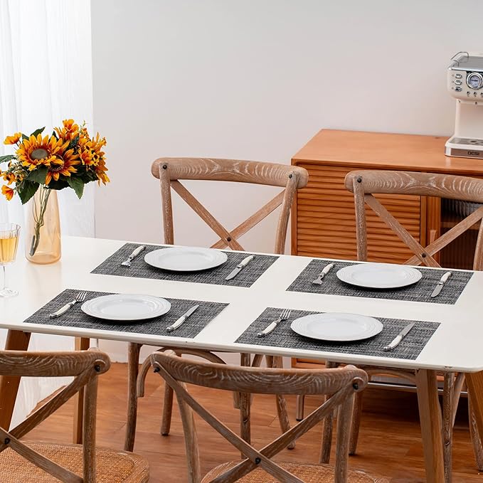Placemats Set of 4, Heat Resistant Place Mats, Washable PVC Table Mats, Woven Vinyl Plastic Placemats for Dining Table, Non-Slip Stain Resistant Kitchen Table Placemats Easy to Clean?Ash-Gray?
