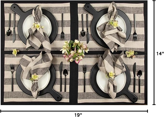 Solino Home Linen Placemats Set of 4 - Cabana Stripe Black and Natural Placemats 14 x 19 Inch - 100% Pure Linen Place Mats for Winter, Holiday