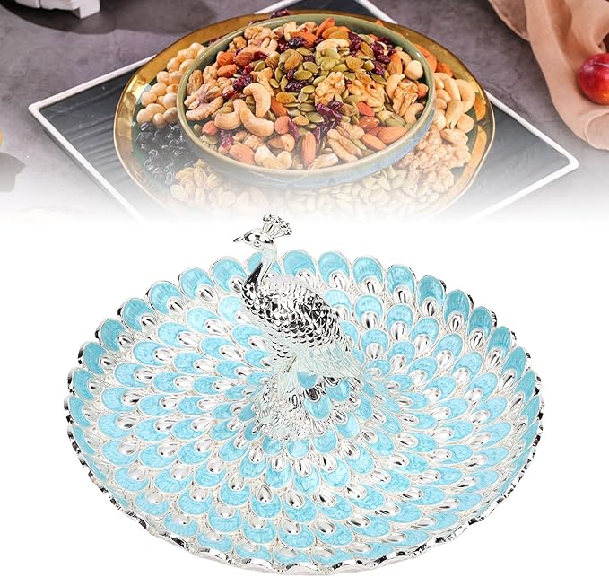 Peacock Shape Fruit Dish Tray, Decorative Storage Tray, Zinc Alloy Metal Snacks Plate Round Platter Serving Tray Cookie Storage Bowl for Home Party Cakes Cookies Candy (Silver Light Blue)