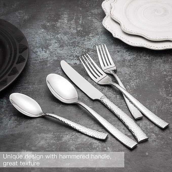 Silverware Set Flatware Set Hand Forged Stainless Steel Cutlery Set Hammered Pattern Mirror Polished 60 Pieces Home Event Use Service for 12