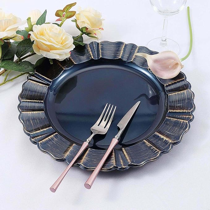 Efavormart Set of 6-13" Round - Navy Blue Plastic Charger Plates With Waved Scalloped Rim for Wedding, Outdoor Receptions, Banquets, Holiday Dinner plates Chargers