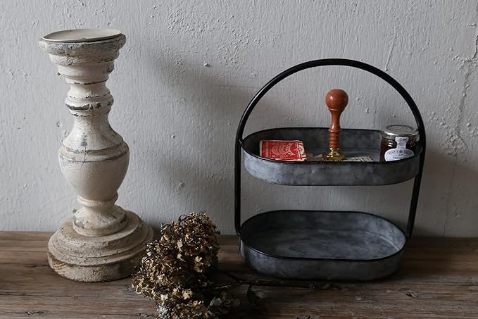 Vintage Small Tray Stand Rustic Galvanized Metal 2 Tier Serving Tray for Cupcake, Dessert, Appetizers, Fruit