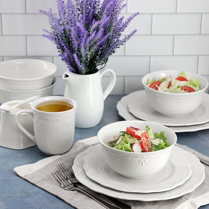 Elama Henryi 16 Piece Embossed Rim Detail Porcelain White Dinnerware Set, Tableware Set, Serveware (16 Piece)