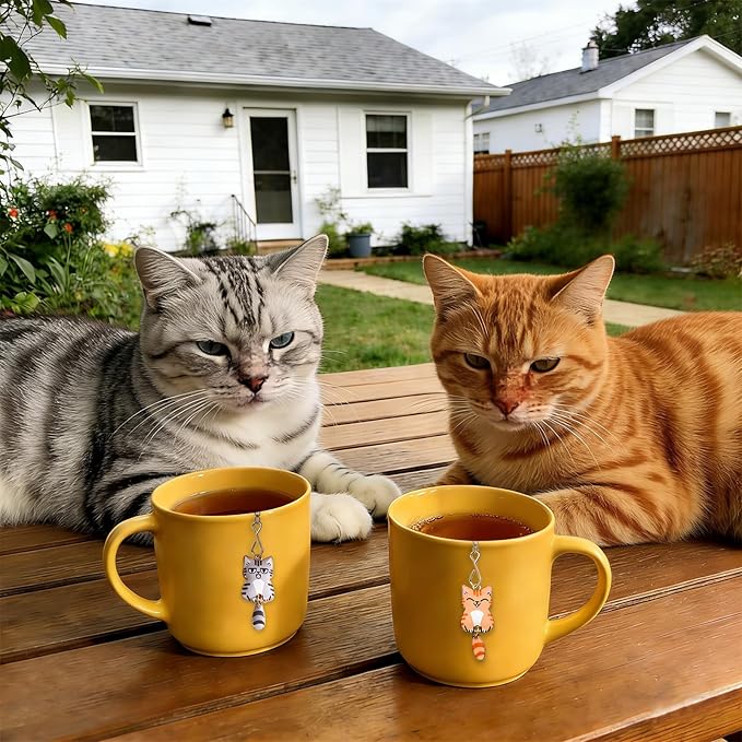 Cat Tea Infuser Set, 2PCS Cubic Loose Leaf Tea Steeper Reusable Stainless Steel Mesh Bags, Cute Tea Strainer with Waving-Tail Cat Charms (Orange Tabby & Silver Tabby)