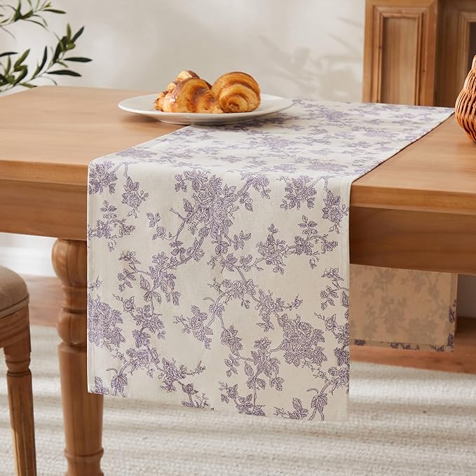100% Cotton French Pastoral Table Runners, 13x48 Inch Purple Farmhouse Table Runners 48 Inches Long, Vintage Flowers Print Home Decors