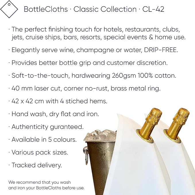 Classic Collection, Bottle Cloth with Metal Ring for Ice Buckets, Cotton, 42 cm, Corner Hole (Gold with Gold Metal Ring, Pack of 1)