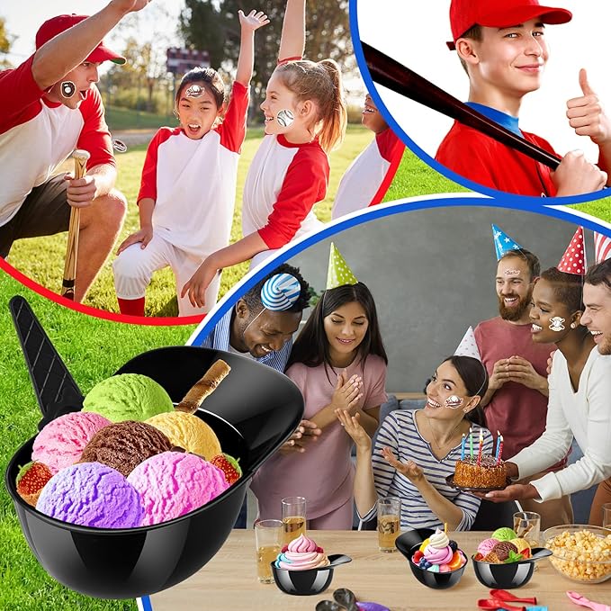 MEEZY 16 Set Baseball Helmet Ice Cream Bowls with 8 Mini Dessert Cups and 8 Spoons, 8oz Reusable Baseball Cap Snack Dessert Cup Bowls Baseball Party Favors for Kids Sports Birthday Party Supplies