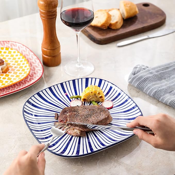 Selamica Porcelain Square Dessert Salad Pasta Steak Plates 10 inches ceramic plates set of 6 microwave/dishwasher/oven safe, Assorted Colors