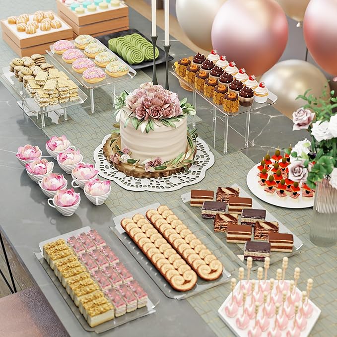 6 Pack Dessert Table Display Set, Clear Acrylic Dessert Display Stands with 3 Pack Dessert Tray Platters Buffet Risers for Pastry Food Fruit Candy Treat for Wedding Birthday Party