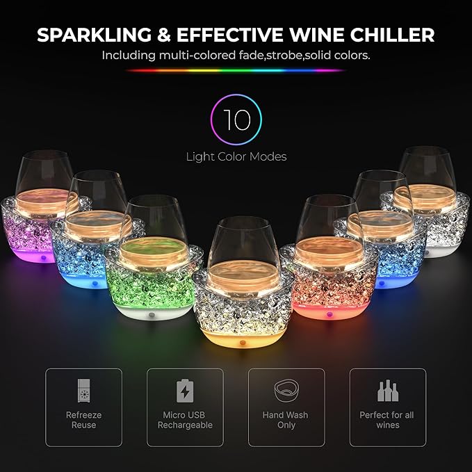 Wine Chiller for Glass Stemless Wine Glass Chiller Keeps Your Glasses of Vino Cold 10 Color Light Modes Separable Wine Essentials Accessories (Rose Pink)