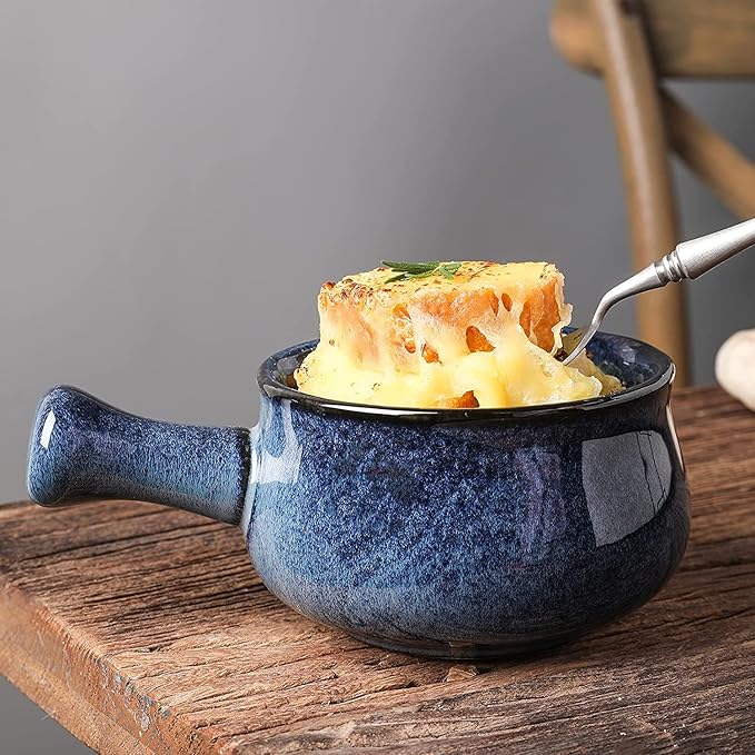 vicrays French Onion Soup Bowls With Handles, 26 Ounce for Soup, Chili, Beef Stew, Chip Resistant, Dishwasher Microwave Safe, Set of 4 (Blue)