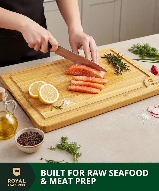 ROYAL CRAFT WOOD Bamboo Cutting Board Gift Set β 3-Piece Reversible Wooden Boards with Deep Juice Groove & Handles β Premium Charcuterie & Butcher Blocks for Kitchen β Holiday Gift-Ready Packaging