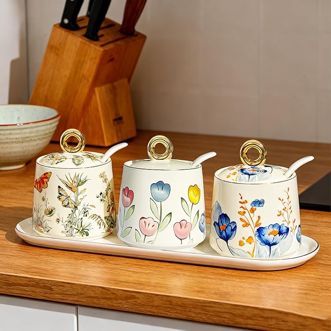 JUSONEY Ceramic Sugar Bowl with Lid and Spoon with Floral Pattern, Gold Trim - 7.5oz Elegant Sugar Jar with Lid and Spoon, Nordic Style for Kitchen, Dining, Cafe, Gift Idea (C)