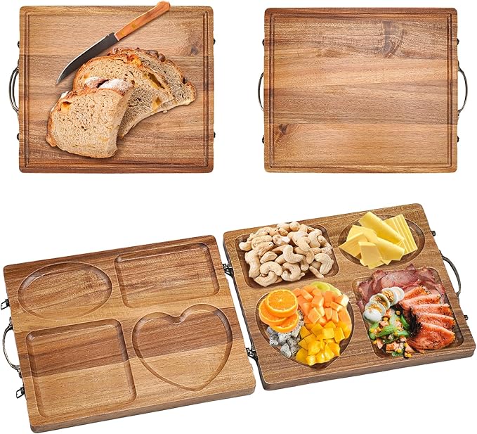 Double Side Acacia Wood Serving Tray, Serving Platters and Trays, Charcuterie Boards Wooden Tray with Vintage Metal Handles, Wooden Cutting Boards for Kitchen, Trays for Serving Food Serving Platter