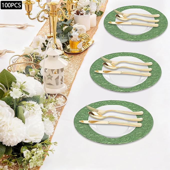 Green Plastic Charger Plates Set of 100,13” Reusable Party Chargers for Dinner Plates, Elegant Round Service Plate Chargers Bulk Decorative for Wedding, Catering Table Decor