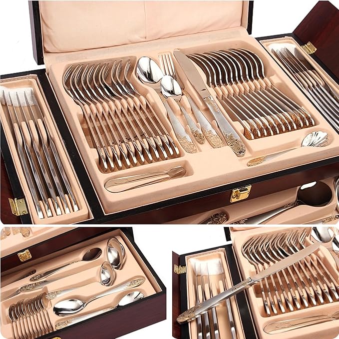 Silverware Flatware Serving Set for 12 with Gold Accents, 72/84 PCS Luxury Dining Silverware Cutlery Service in a Wooden Storage Case Chest for Formal Events, Parties(C,84pcs)