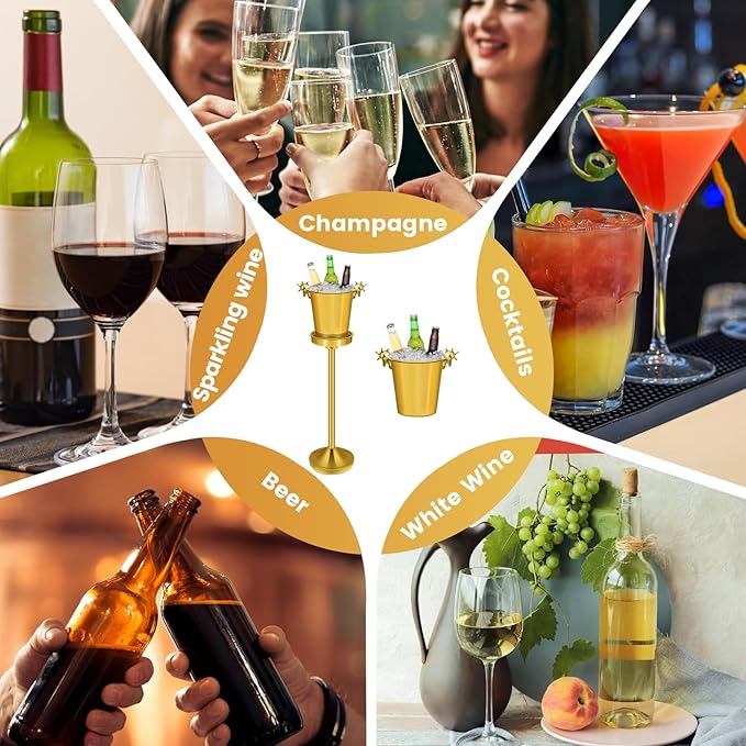 Ice Bucket with Stand,Gold Stainless Steel Champagne Ice Bucket,Deer Head Handle Wine Chiller Bucket for Christmas Wedding Bars,5L Wine Bucket on Stand for Cocktails Beer Sparkling Wine