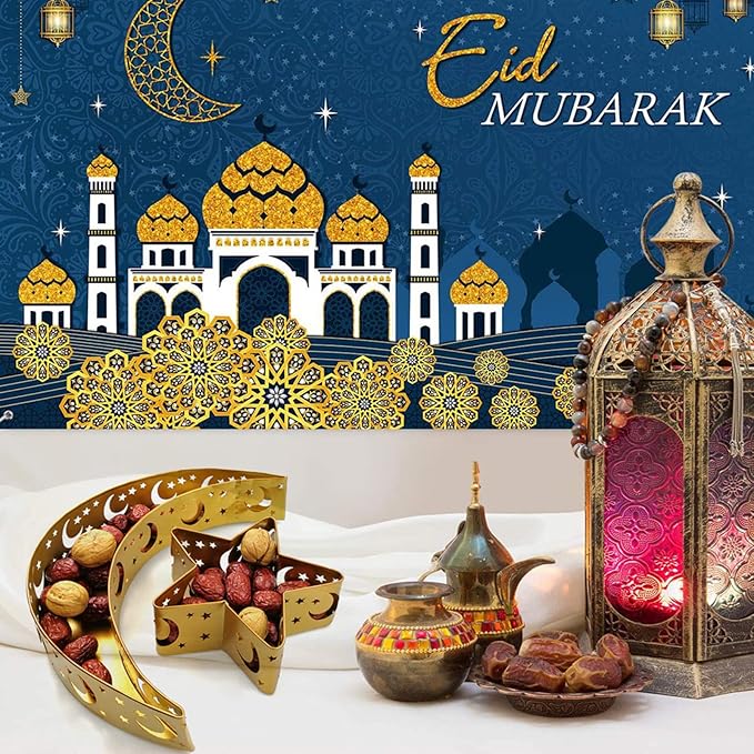 Eid Mubarak Moon Star Tray, Ramadan Decoration Ramadan Trays, Muslim Wooden Plate Tray Moon Star Shaped Food Fruit Serving Tray, Eid Mubarak Dessert Tray for Ramadan Festival Party(Golden A2)