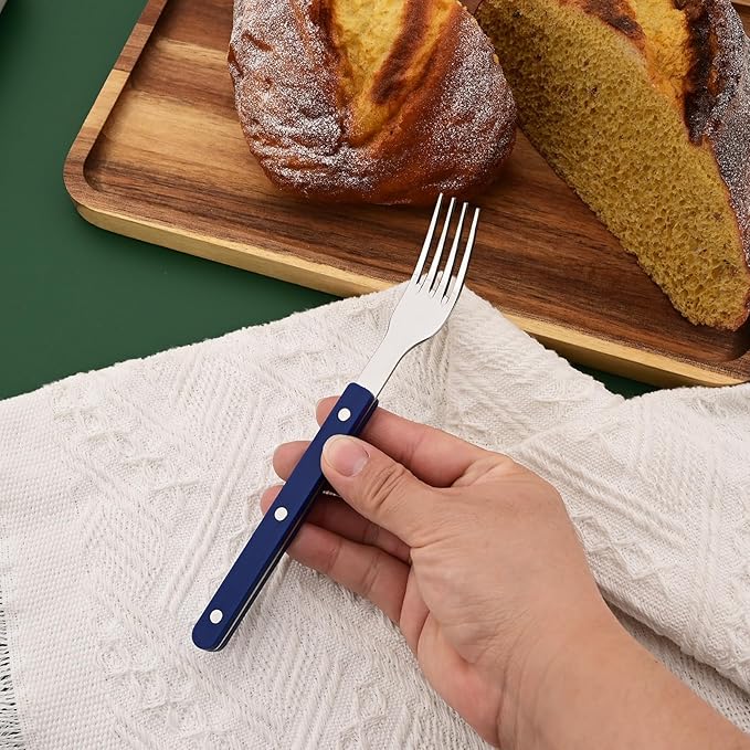 20 PCS Stainless Steel Flatware Set for 4, Silverware Set with Colored Handles, Retro Style Forks Spoons and Knives Set, Vintage Eating Utensils, Blue Acrylic Handle with Rivets Design