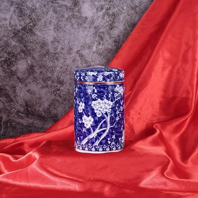 Chinoiserie Enamel Ginger Jar with Twist Lid - Traditional Chinese Blue and White Porcelain Style-Cylinder Design (Bloom Cylinder)